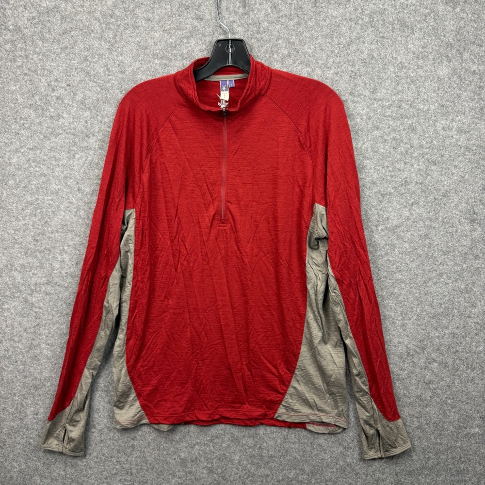 Ibex Mens 100% Merino Wool Quarter Zip Pullover Red Grey Thumbholes Size‎ L USA